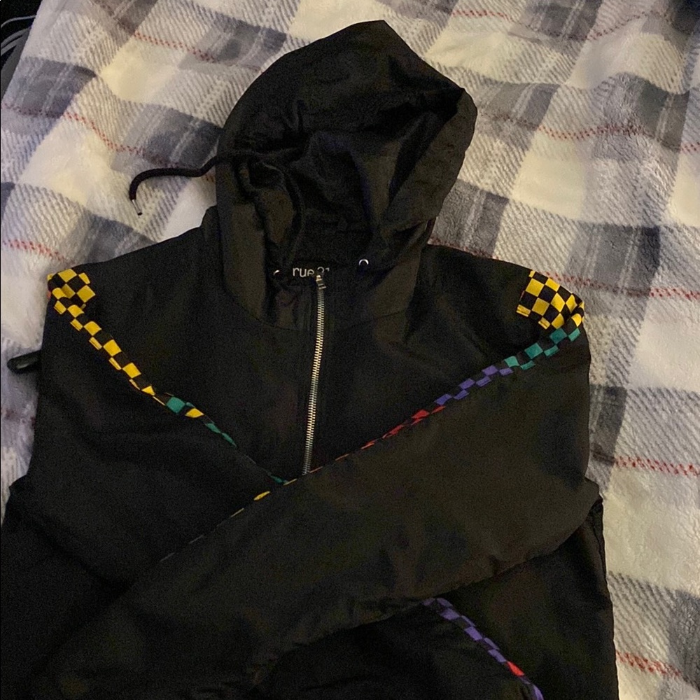 Black Hoodie with Colorful Checkered Design